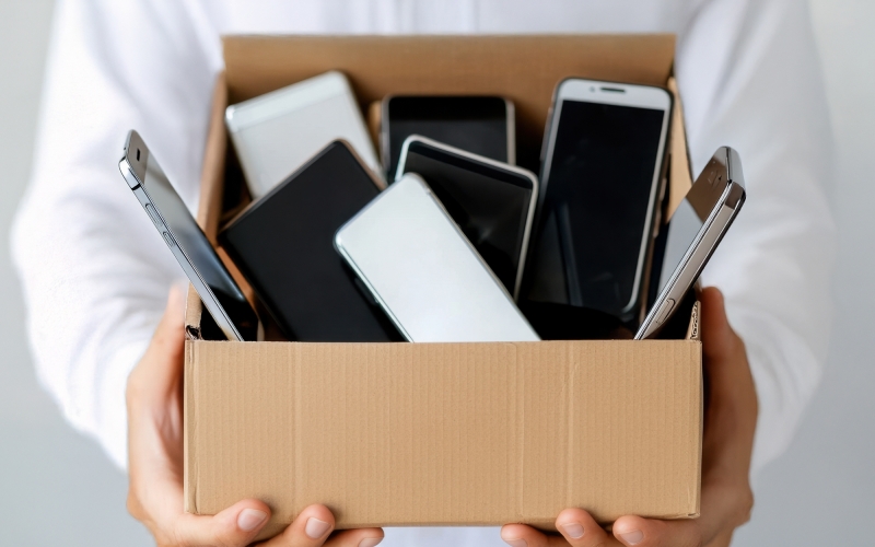 Twee handen houden een doos vast gevuld met gebruikte smartphones, klaar voor verwerking of hergebruik via de circulaire diensten van Aronto.