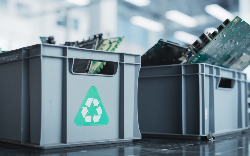 Twee dozen met gebruikte hardwareapparatuur staan op een kantoorruimte, klaar voor recycling en verantwoorde verwerking door Aronto.