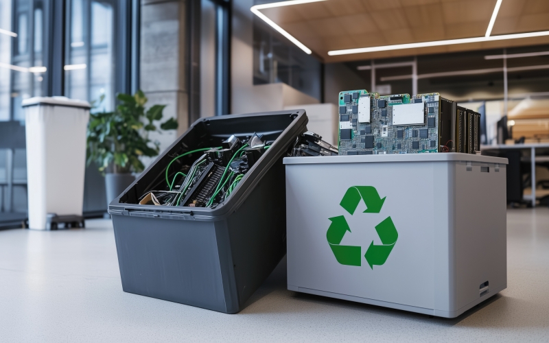 Twee dozen met gebruikte hardwareapparatuur staan op een kantoorruimte, klaar voor recycling en verantwoorde verwerking door Aronto.
